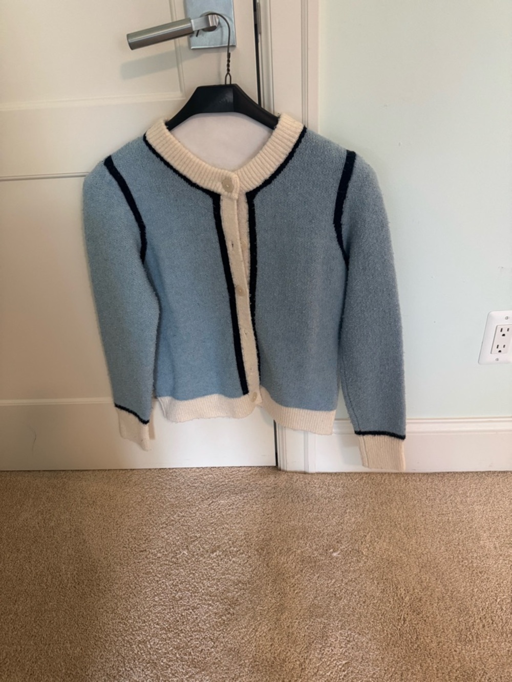 MISHA COLLECTION Light Blue & Cream Knit Cardigan with Navy Trim